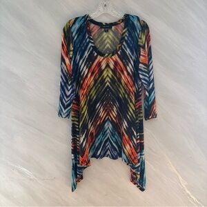 Karen Kane XL Colorful 3/4 Sleeve Sharkbite Hem Stretchy Tunic Top Artsy